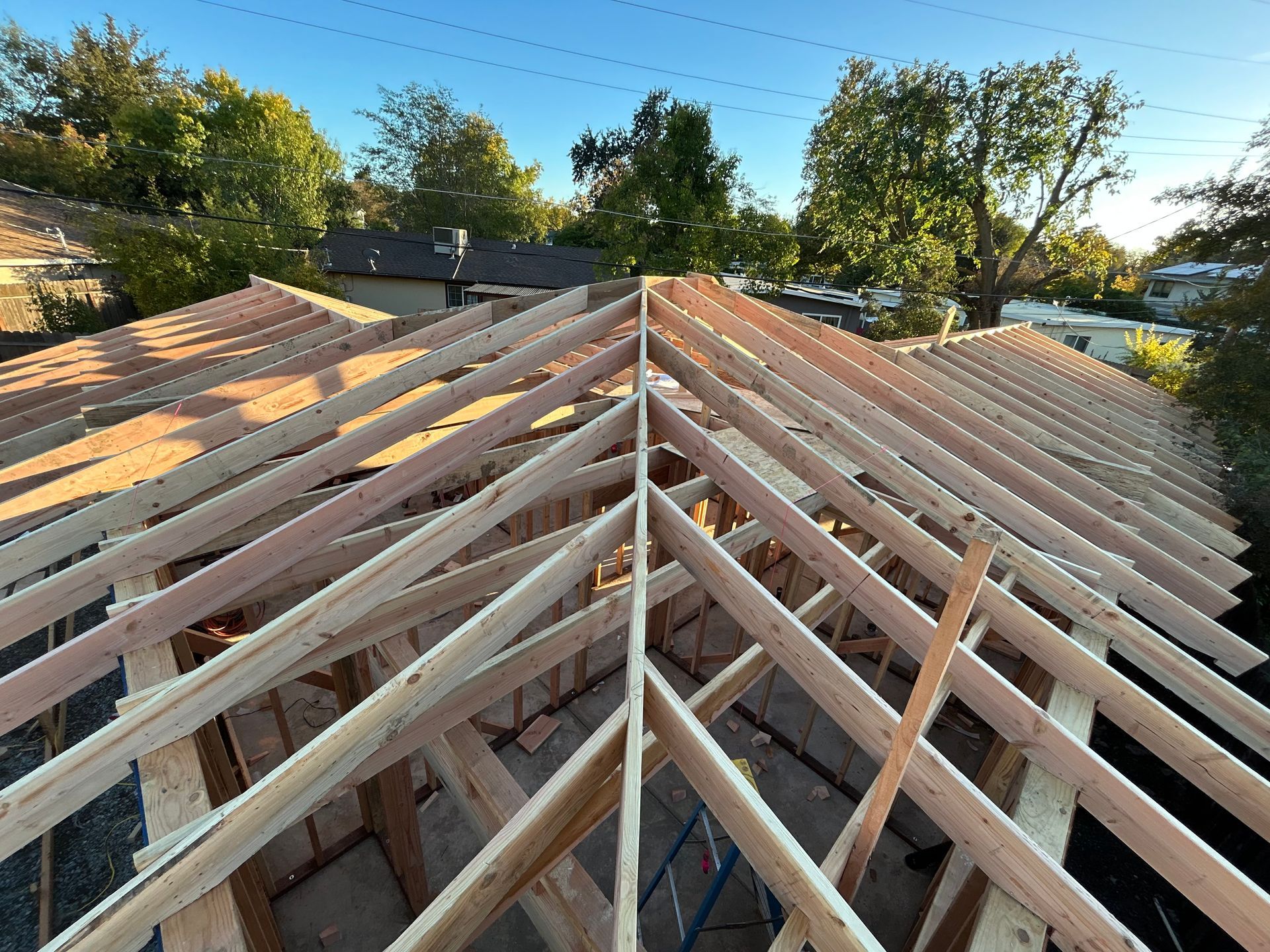 Wooden roof trusses under construction with a central ridge line and trees in the background