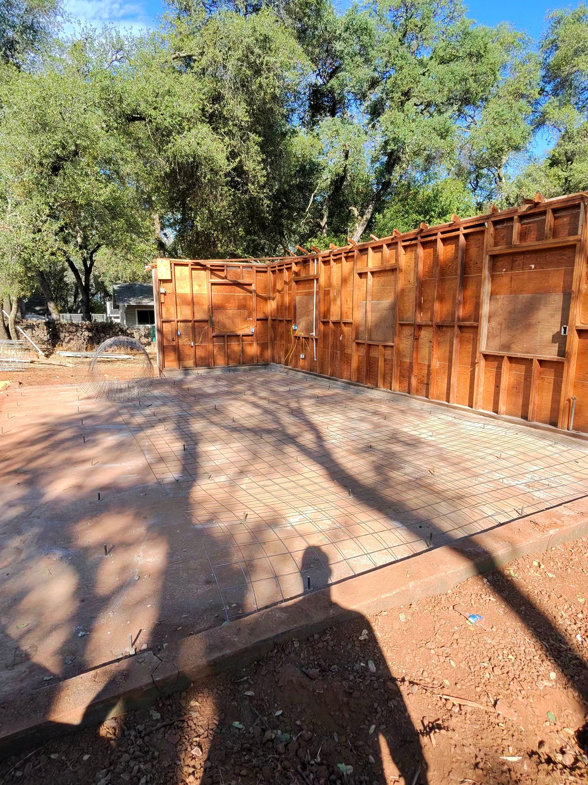 Sunlit dirt yard beside a long rust-colored wooden fence and large trees, with shadows in the foreground