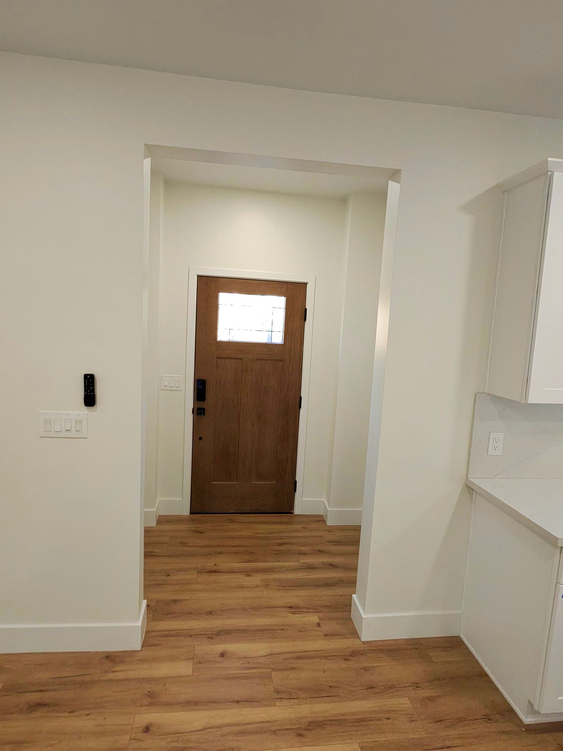 Interior hallway with wood floor and a front door framed by white walls and built-in shelving.