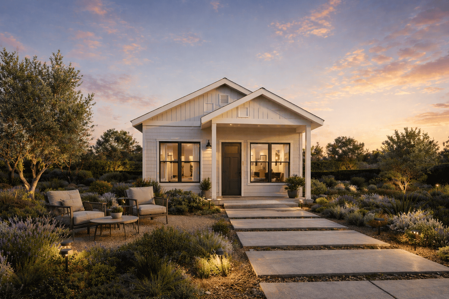Modern farmhouse at sunset with lit windows, stone path, and outdoor seating amid desert landscaping