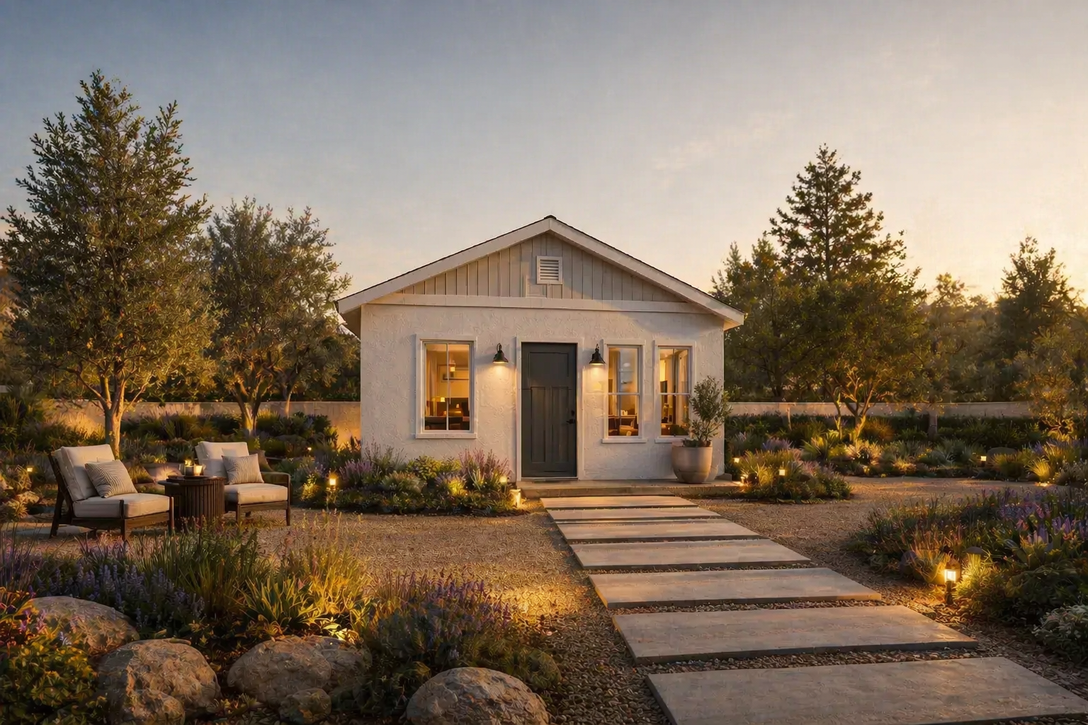 Modern white house with lit windows, stone walkway, and landscaped garden at sunset