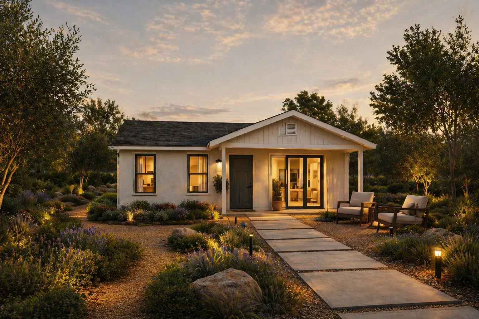 Modern cottage at dusk with warm porch lights, stone path, and landscaped garden.