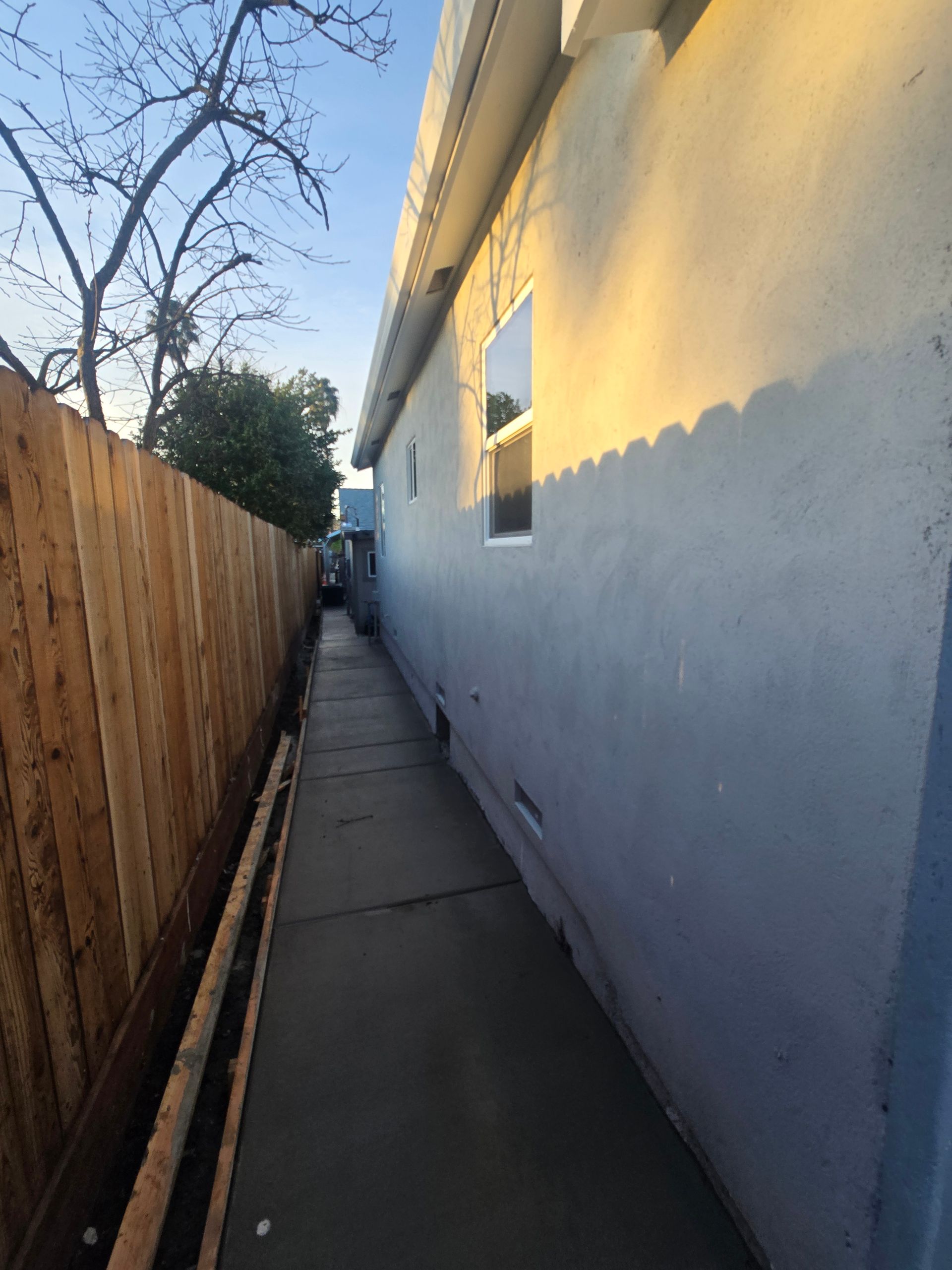 Narrow concrete side yard beside a blue house and wooden fence, with a tree at the end.