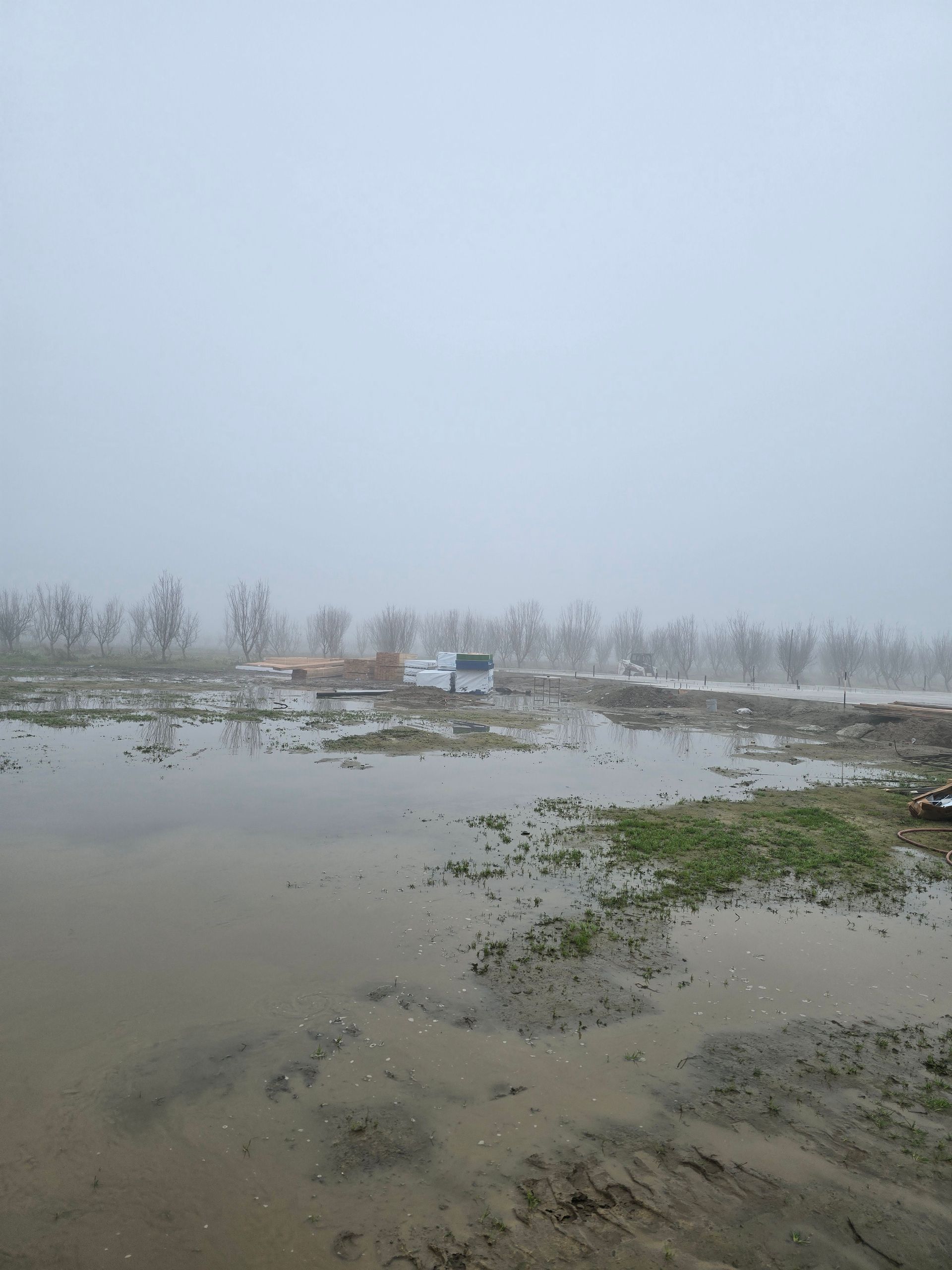 Flooded muddy field with bare trees and a cloudy gray sky; small vehicles in the distance.