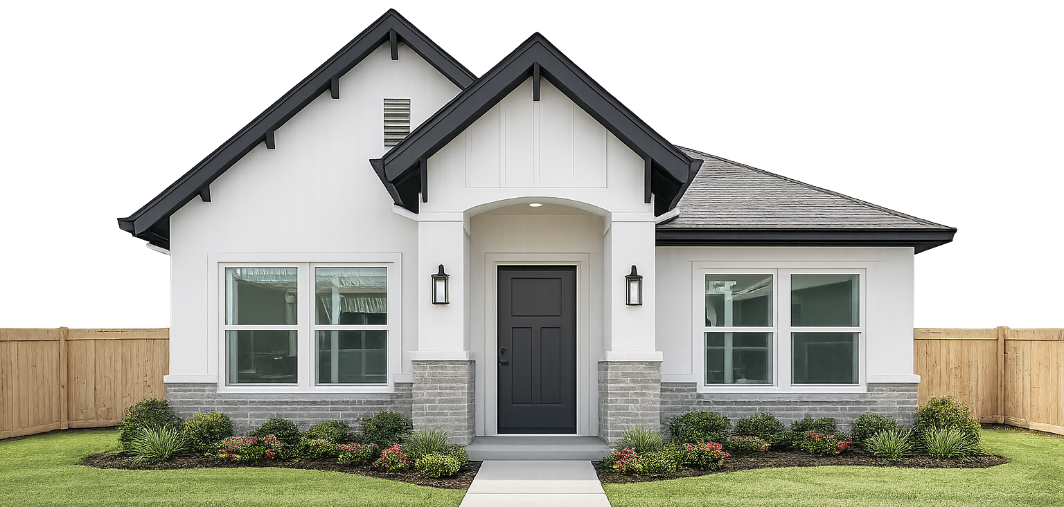 Front view of a modern white house with black roof, gray front door, and small landscaped yard