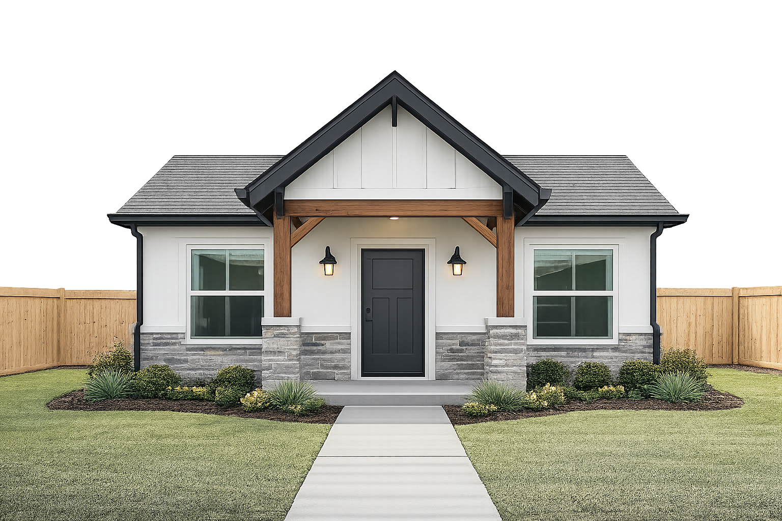 Modern single-story house with gray roof, white exterior, and a front walkway.