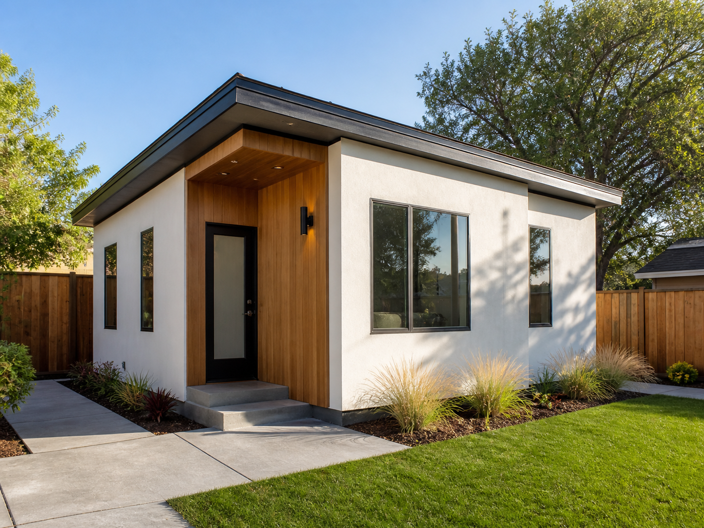 Modern small house exterior with white walls, wood entry, and large windows in a landscaped yard