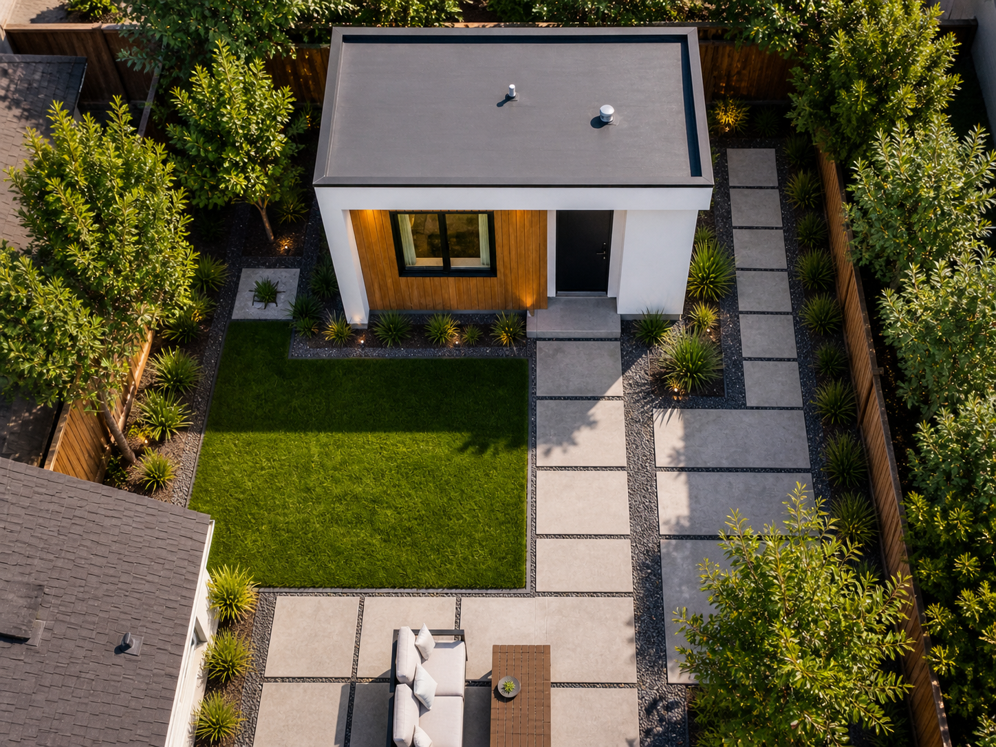 Aerial view of a small modern house with a gray roof, front lawn, and paved walkway bordered by hedges.