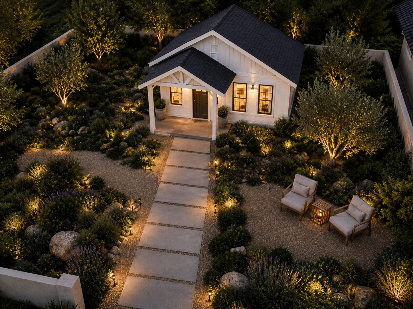 A cozy house at dusk with a lit front porch, stone walkway, landscaped garden, and two chairs on the lawn.
