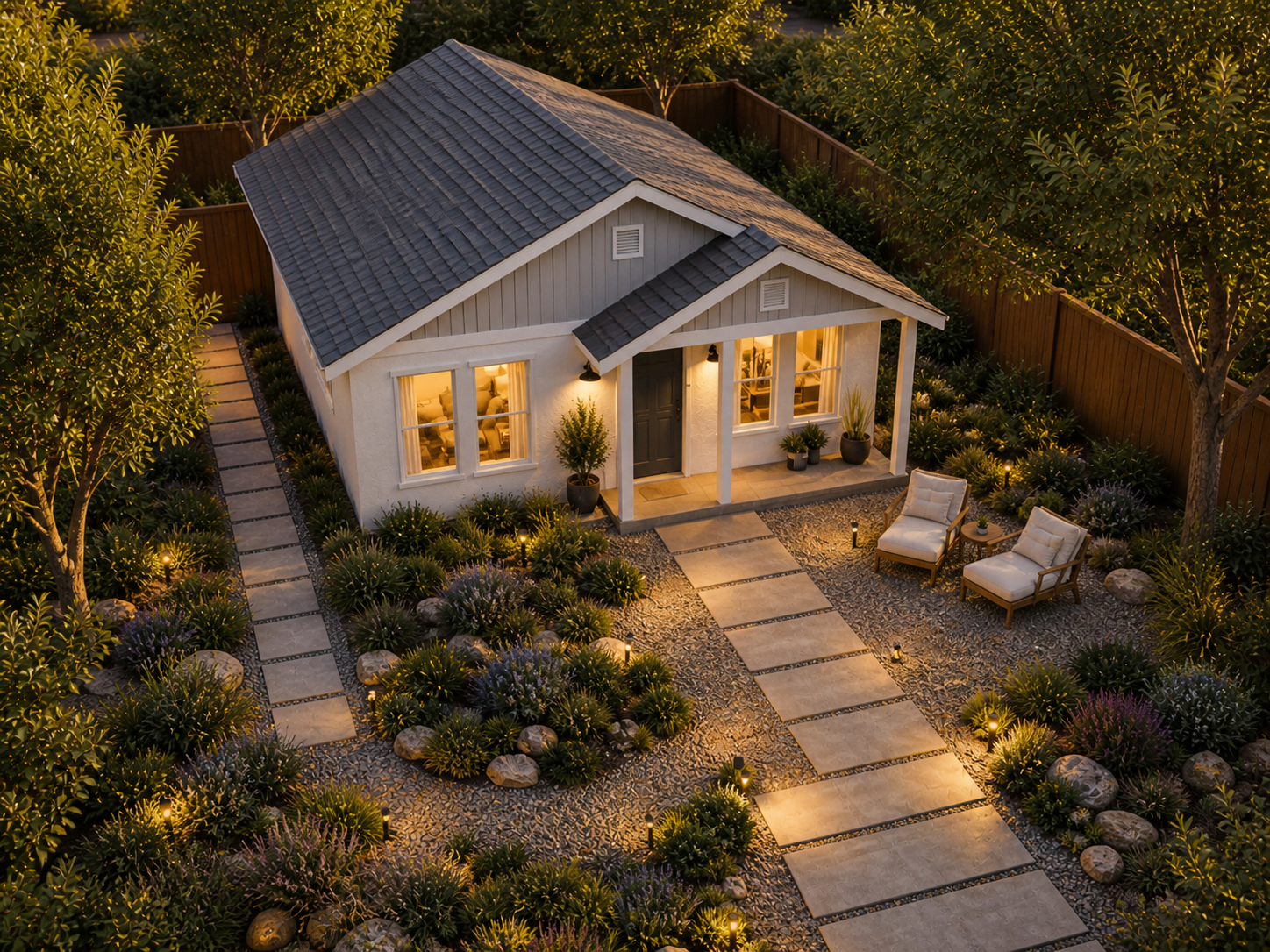A cozy cottage with lit windows, a stone path, and a landscaped garden at dusk.