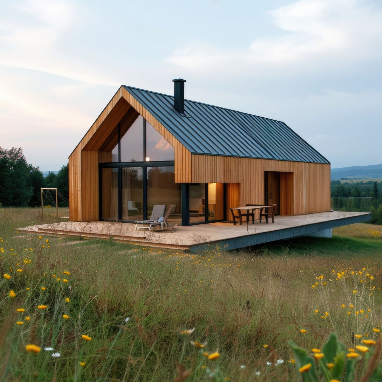 Modern wood cabin with large glass windows and a metal roof in a grassy field at dusk