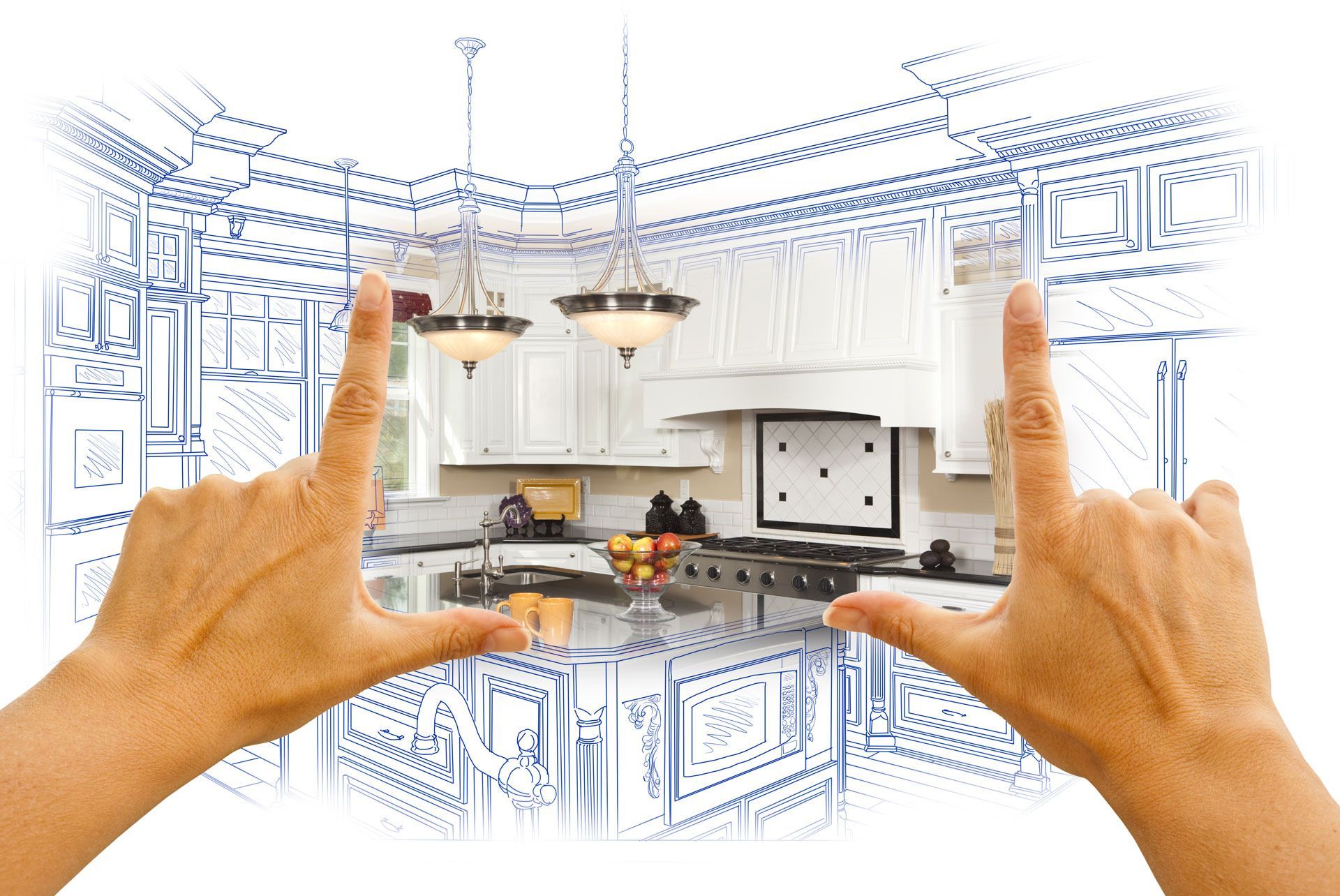 Hands framing a bright kitchen renovation sketch with blue blueprint outlines around the room