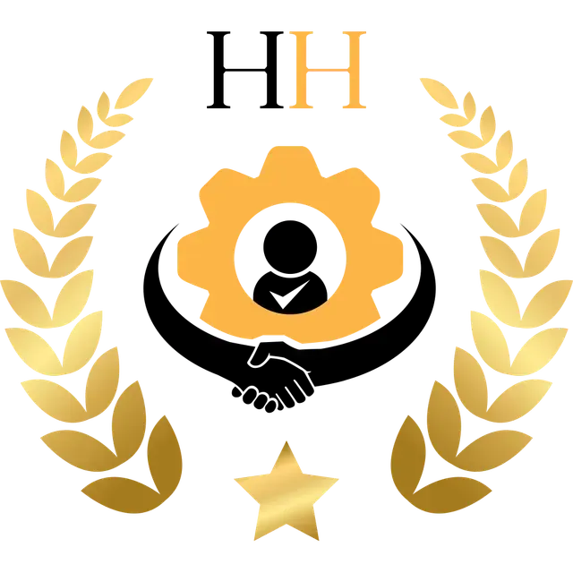 HH logo with gold laurel wreath, handshake, star, and a person icon inside a gear