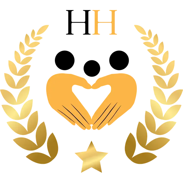 Gold laurel logo with “HIH,” three black figures forming a heart, and a gold star beneath