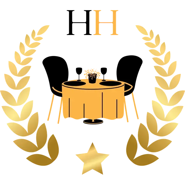 Gold laurel logo with “HIH” above a table set for two and a gold star below