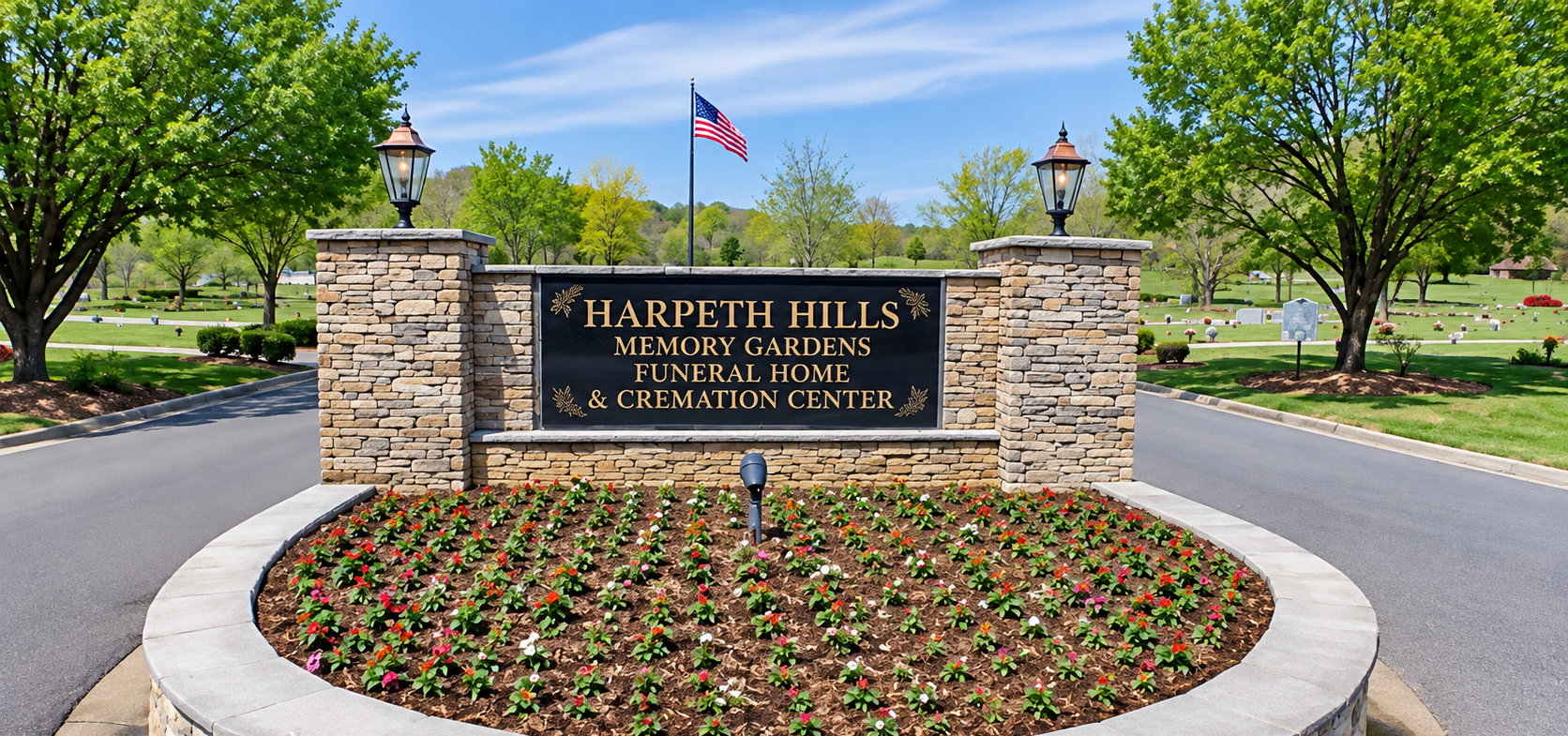Stone entrance sign for Harpeth Hills Cemetery, with flowers and American flags at the roadside.