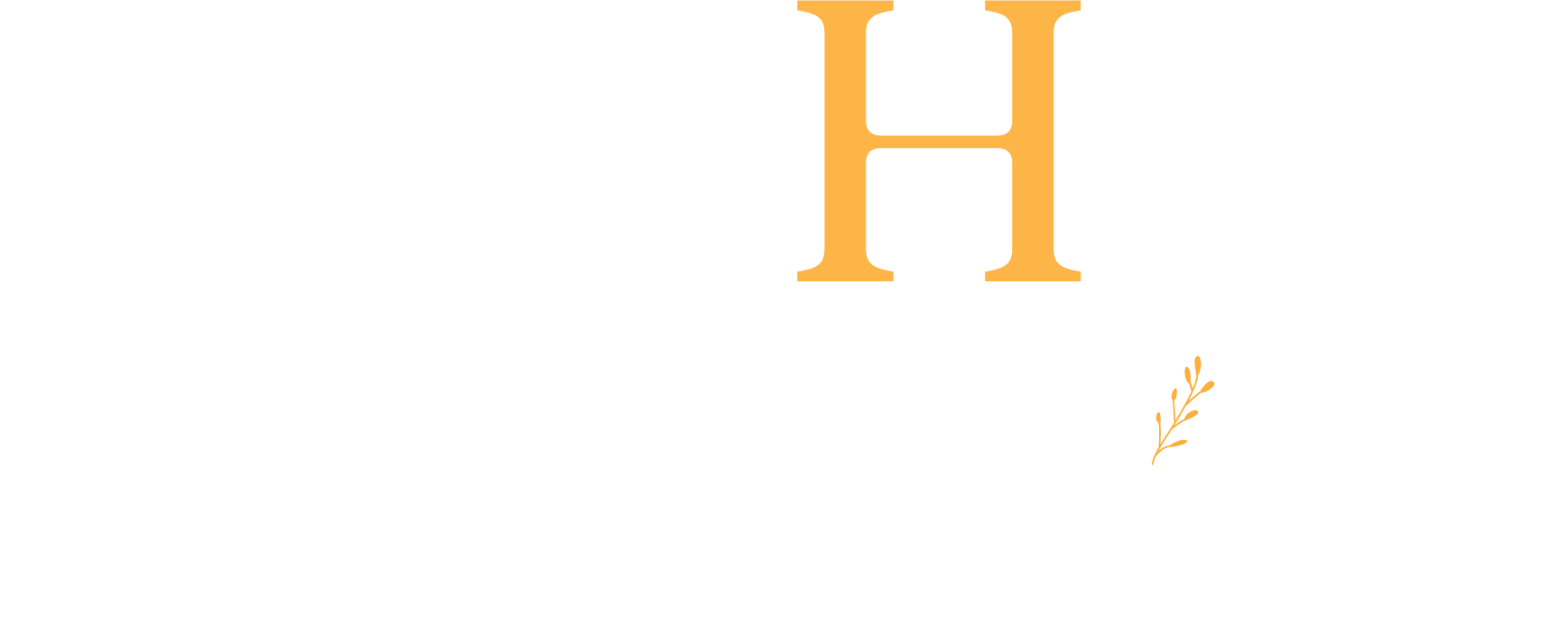 Gold letter H on a white background with a small feather-like accent