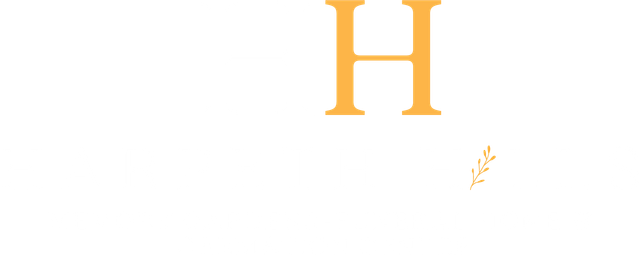 Gold letter H on a white background with a small feather-like accent