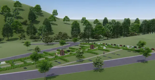 Rendered landscape plan of a park with winding paths, trees, grassy hills, and roads