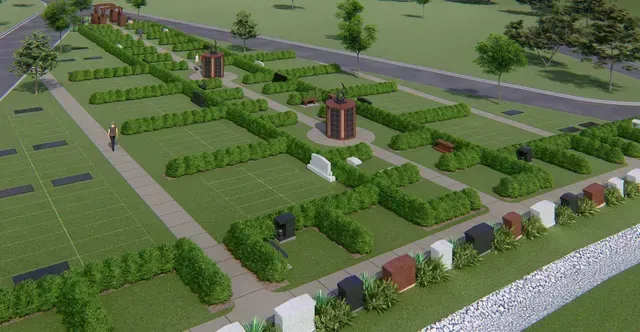 Aerial view of a landscaped garden with green plots, hedges, trees, and a paved road along the top edge