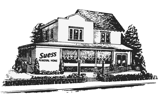 A black and white line drawing of the Suess Funeral Home building, a two-story structure with a covered porch.