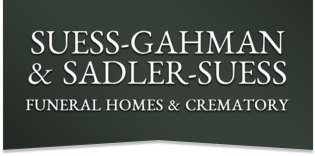 Logo for Suess-Gahman & Sadler-Suess Funeral Homes & Crematory with white text on a dark green background.