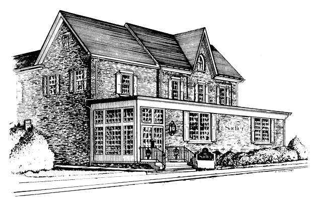A black-and-white ink drawing of a two-story brick building with a front porch, large windows, and a steep roof.