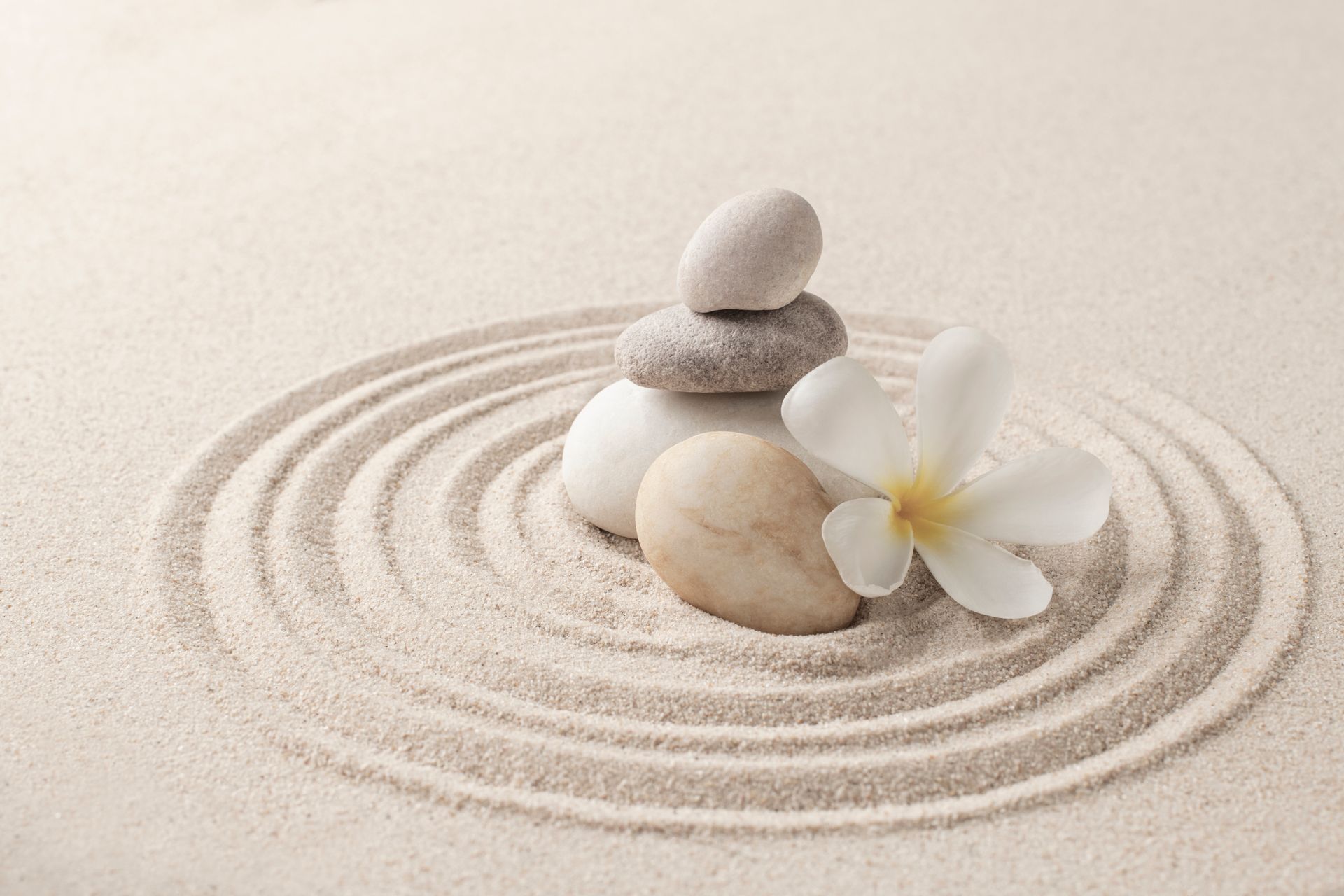 Stones stacked in balance on sand, with a flower and concentric circle patterns.