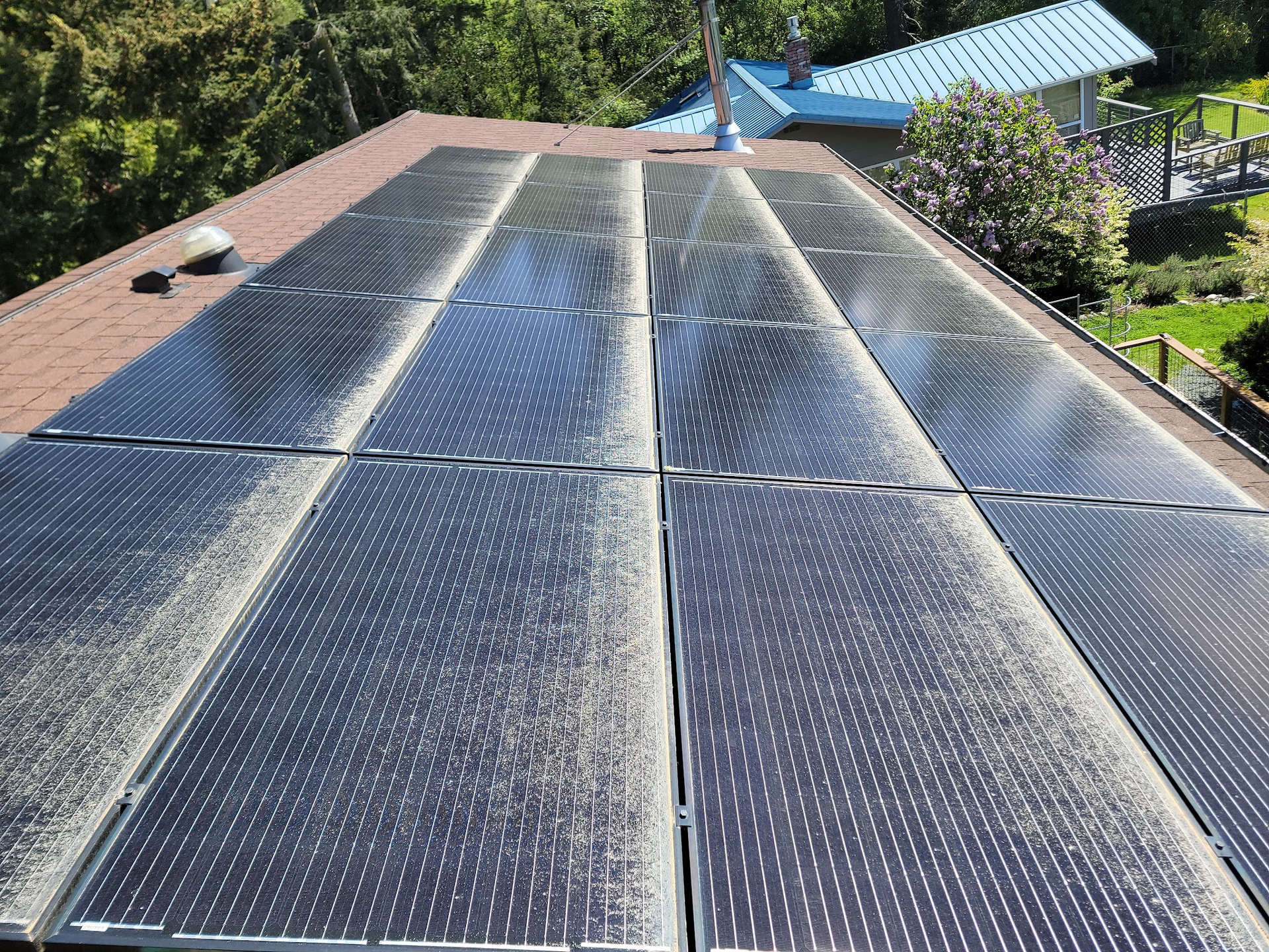 Solar panels on a brown shingled roof, covered with white debris, with a blue-roofed building and green trees in the background.