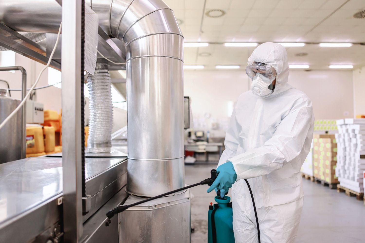 Worker in white protective suit spraying sanitizer in a clean factory room
