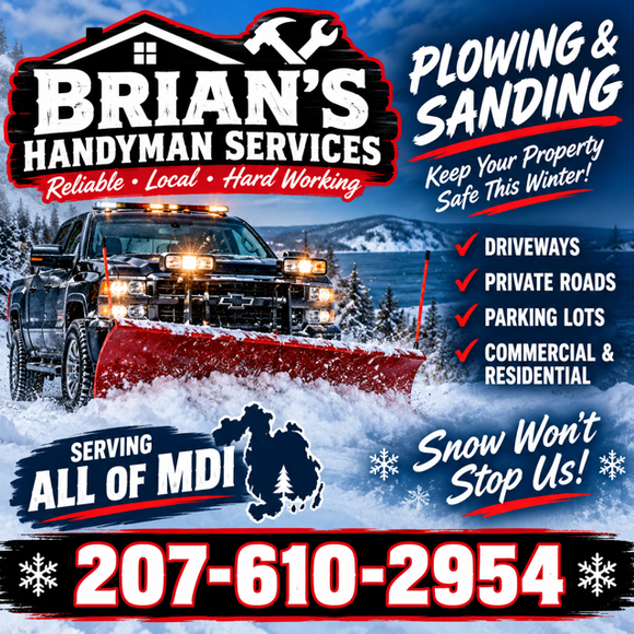 Brian's Handyman Services lawn care ad: Man on mower, other photos of lawn mowing/cleanup. Ellsworth, ME area.