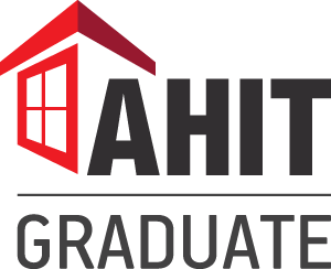 Logo for AHIT Graduate; red house outline with window, black letters, and gray 