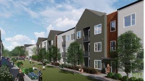 Modern apartment buildings beside a landscaped courtyard with people walking and sitting on benches.