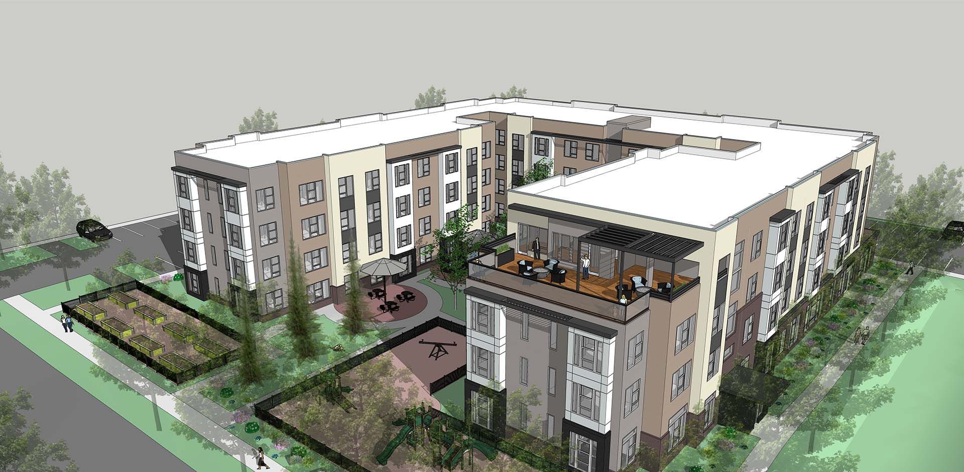 Aerial view of a modern U-shaped apartment complex with balconies, courtyard, and green landscaping.