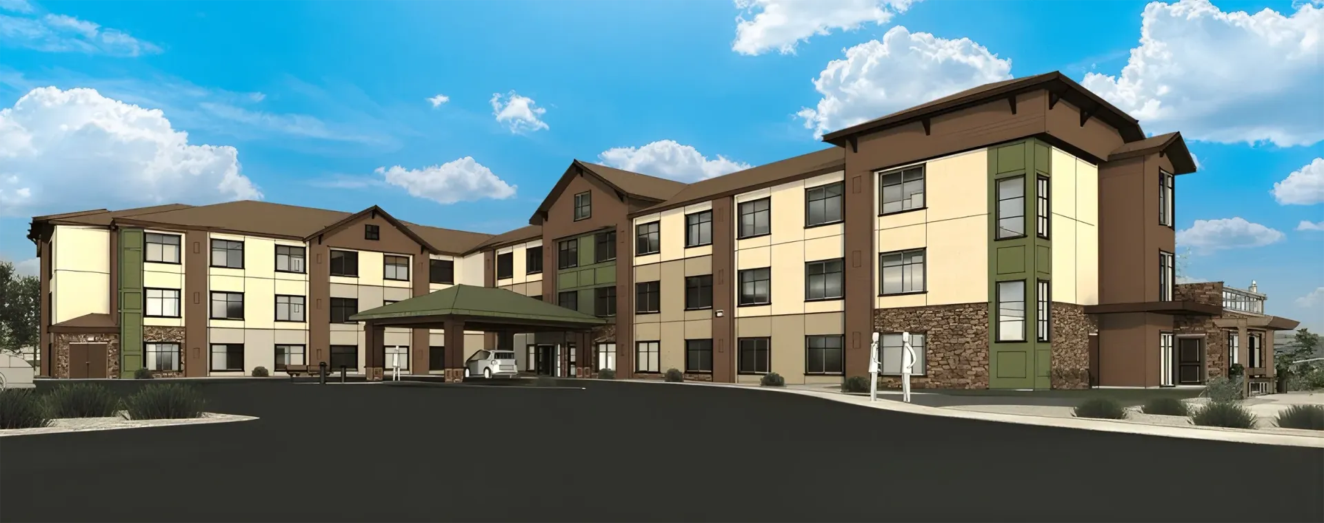 Modern beige apartment complex with brown trim and a large parking lot under a blue sky