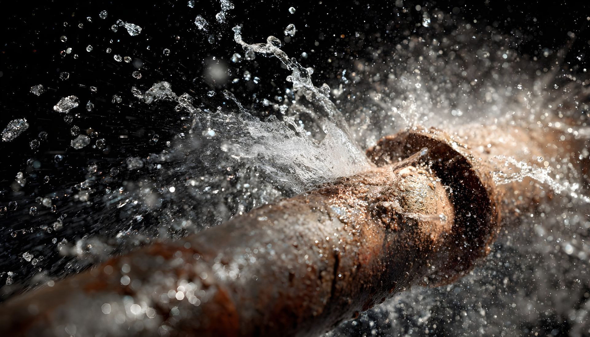 A rusty pipe bursts spraying water in a dramatic urgent scene, highlighting a plumbing emergency