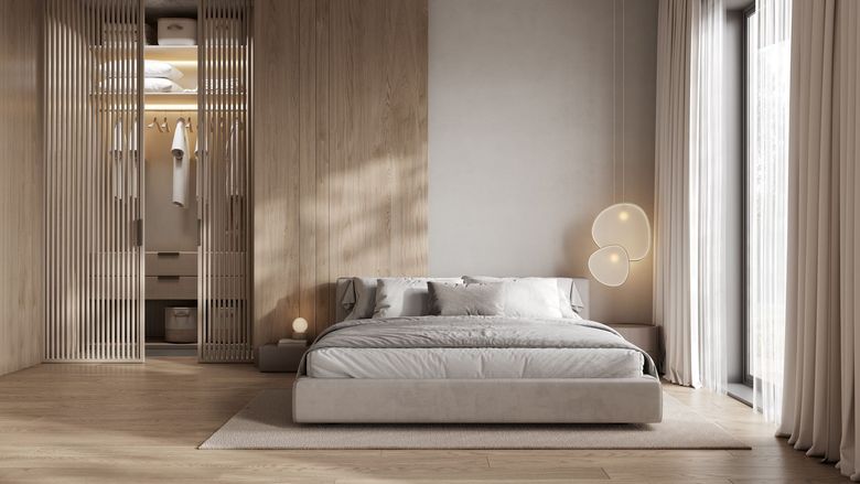 Bedroom with outlined bed, nightstand, and window; colored drapes and a TV on a stand are also visible.