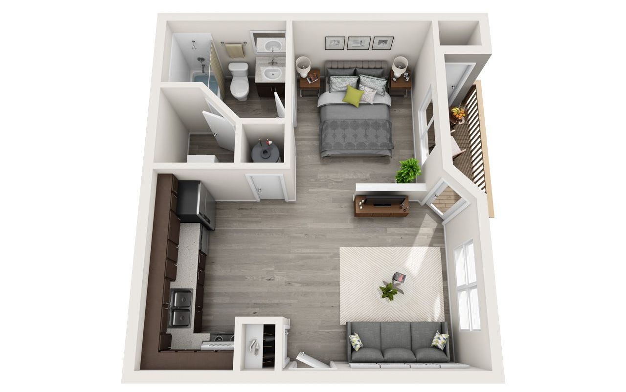 2 Bed 2 Bath Floor Plan with Carpet and Wood Flooring