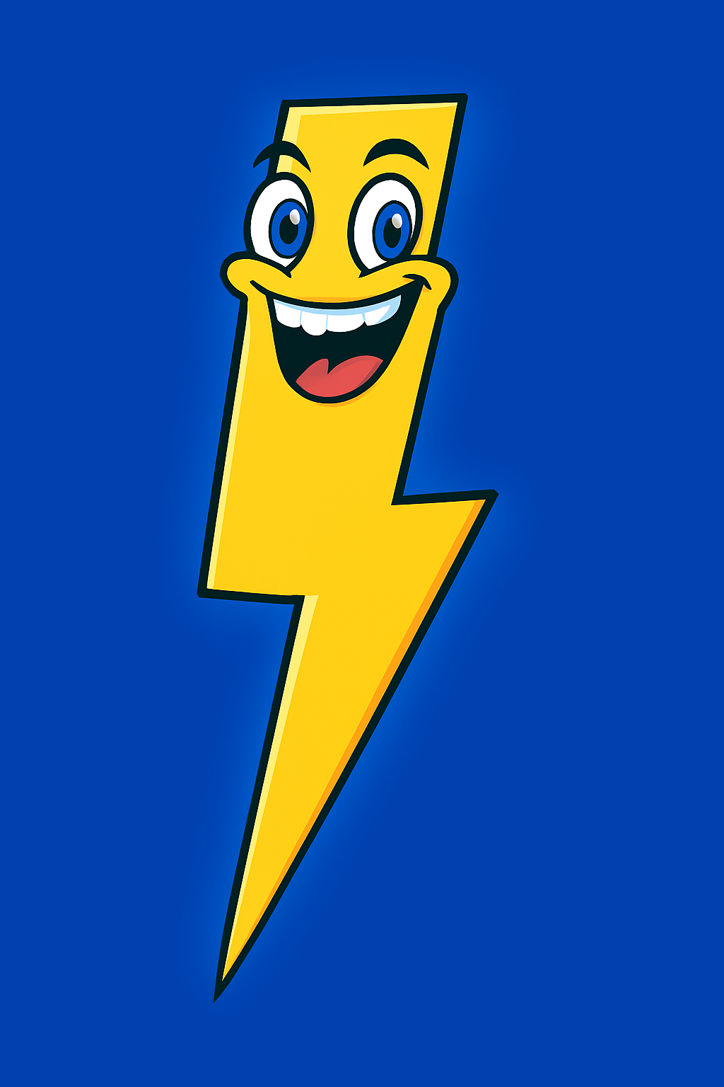 Smiling yellow lightning bolt on a blue background. The lightning bolt has a face with a wide grin and blue eyes.