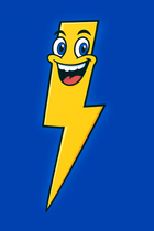 Smiling yellow lightning bolt on a blue background. The lightning bolt has a face with a wide grin and blue eyes.
