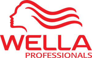Red Wella Professionals logo: silhouette of a woman's profile with flowing hair above the word 