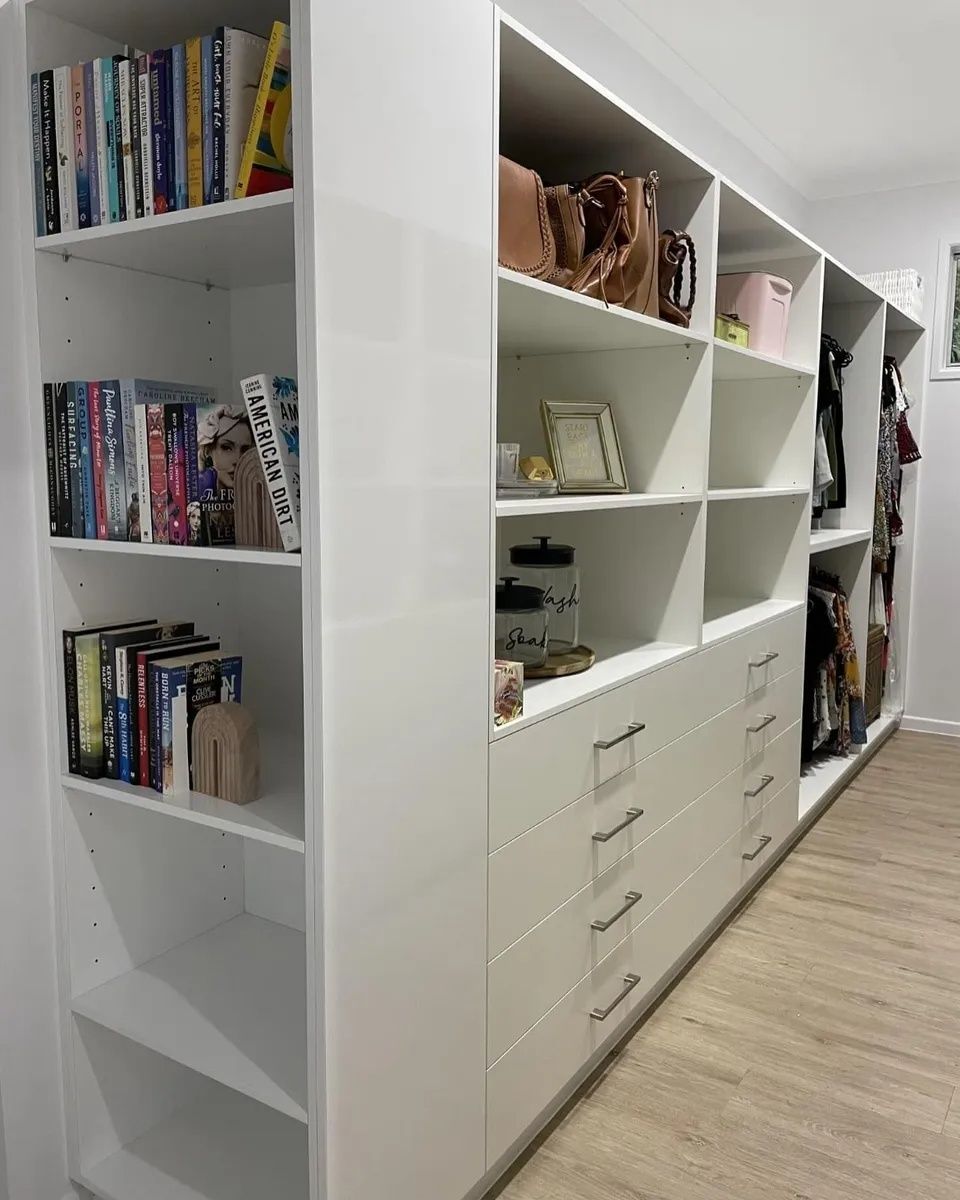 White Built-in Shelving Unit Filled With Books — Keilbach Kitchens in Garradunga, QLD