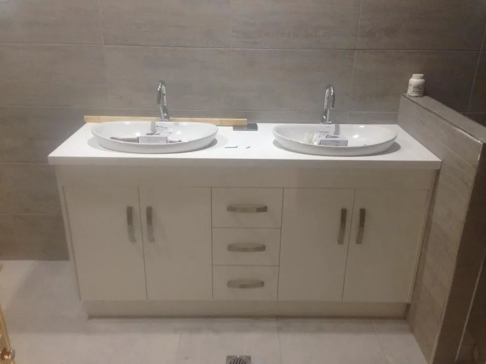 White Double Vanity With Two Sinks, Chrome Faucets — Keilbach Kitchens in Garradunga, QLD