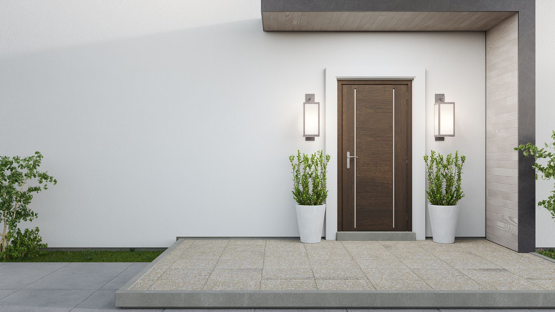 Exterior of a modern home with brown door, two potted plants, and wall-mounted lights.