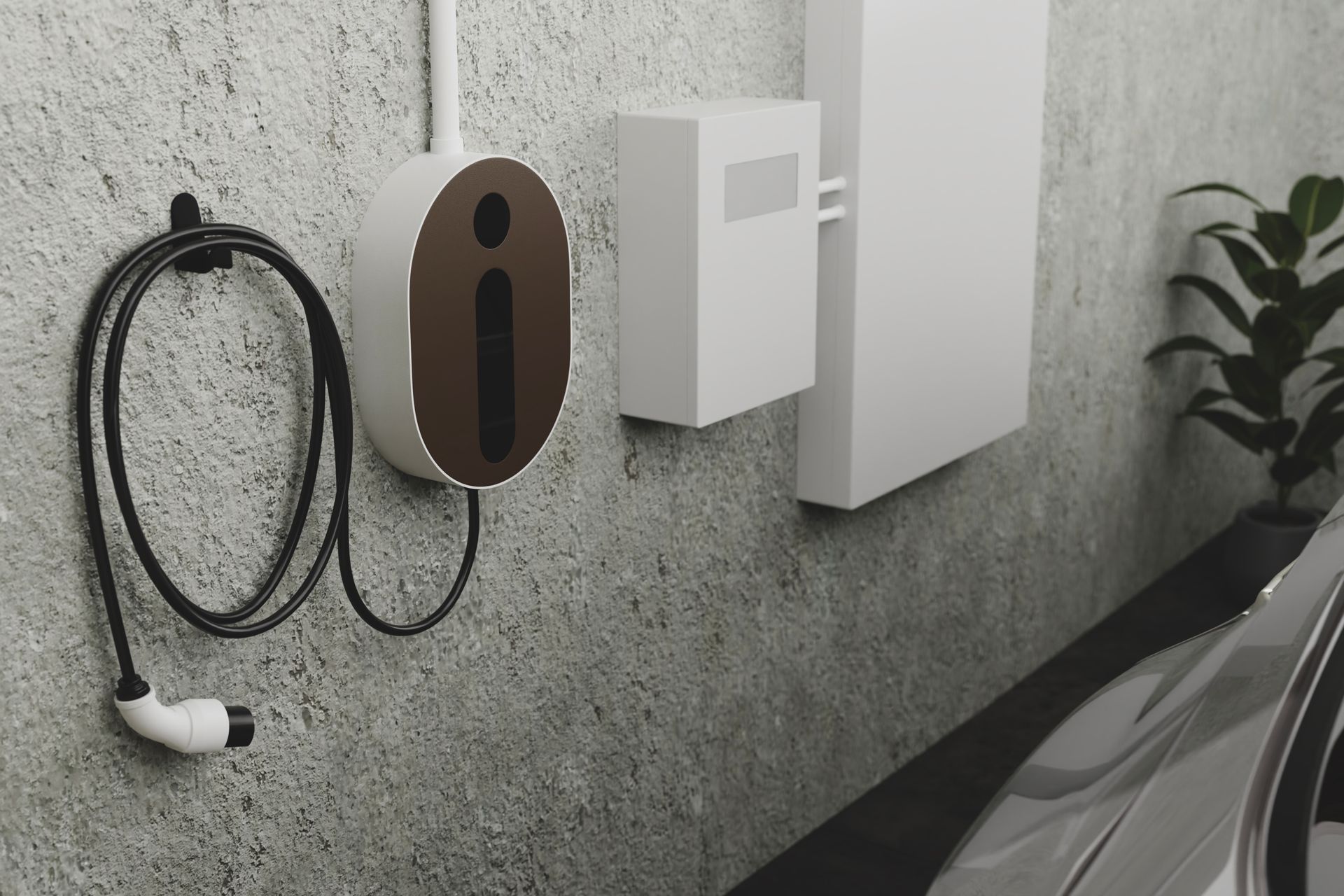 Electric vehicle charging station mounted on a textured wall, with a cord and car visible.