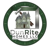 DunRite Homes LLC logo with house, hammer, level, and ruler inside a green measuring tape circle