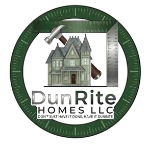 DunRite Homes LLC logo with house, hammer, level, and ruler inside a green measuring tape circle