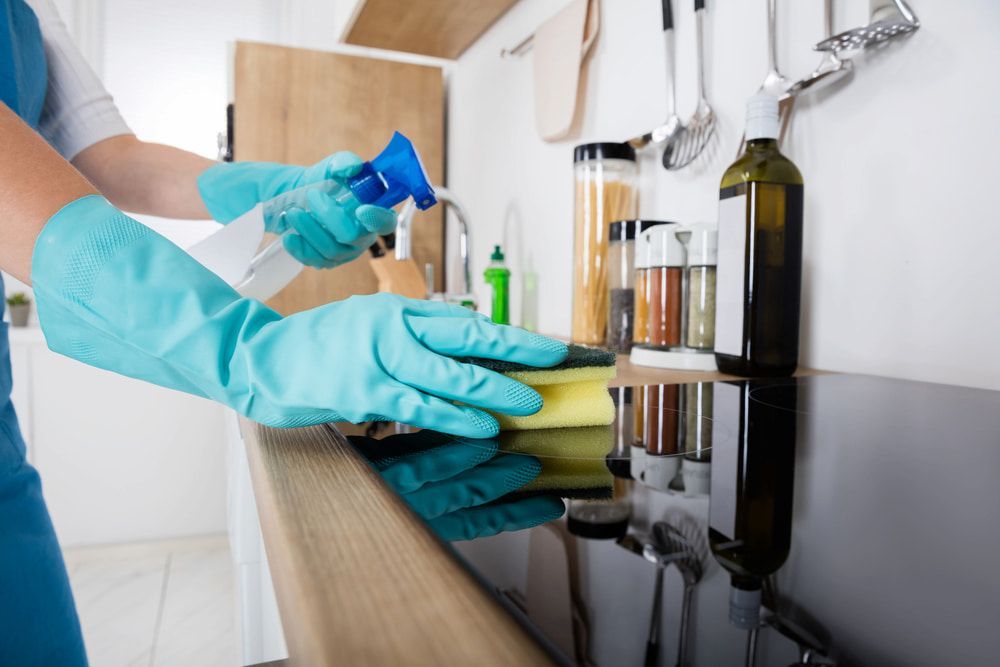 A Person Is Cleaning A Kitchen Counter With A Spray Bottle And A Sponge — Proud Cleaning Canberra in Weston, ACT