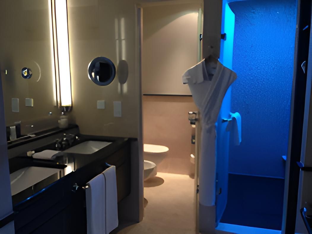 A Bathroom With a Blue Light Behind the Door — Proud Cleaning Canberra in Amaroo, ACT