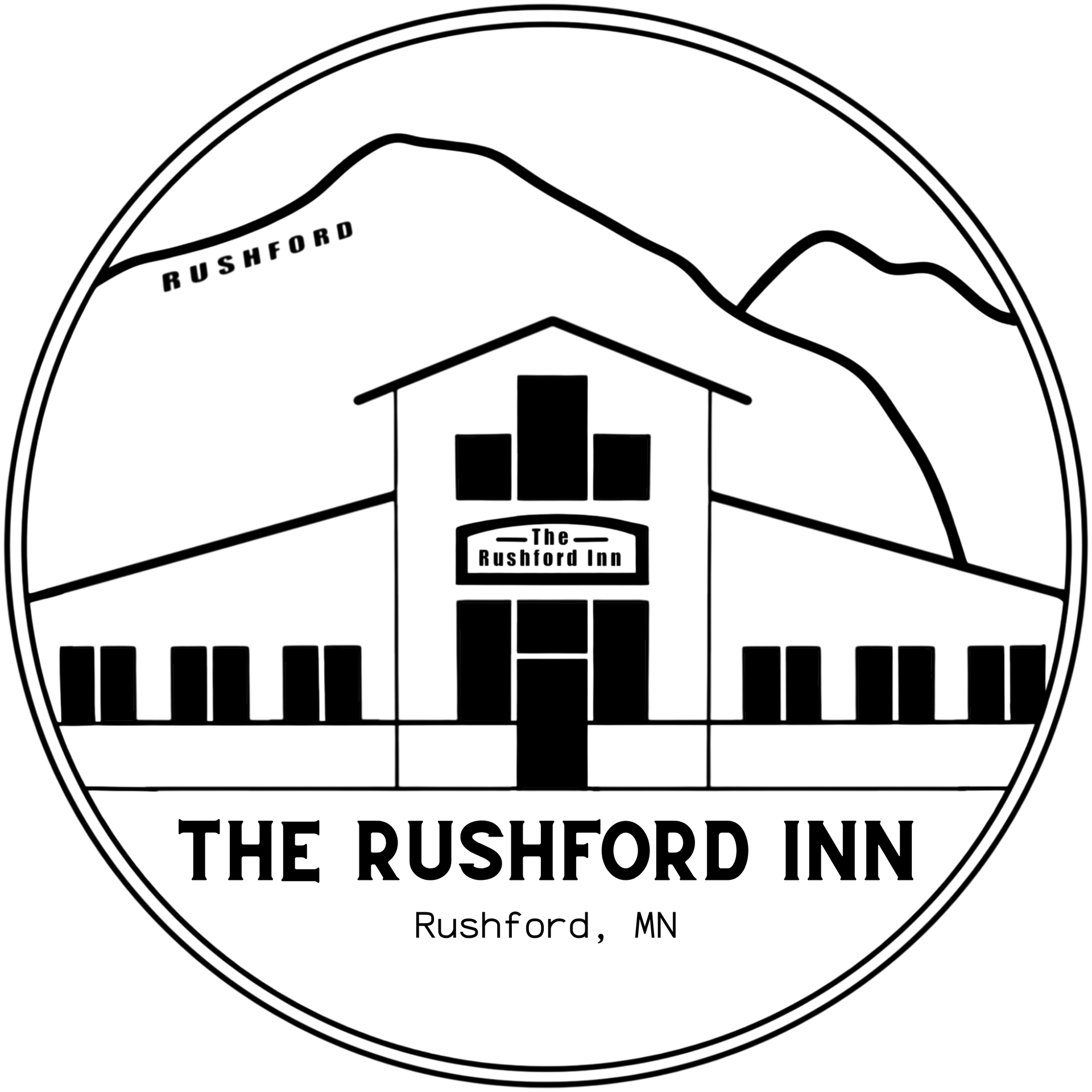 Logo for The Rushford Inn with mountain backdrop.